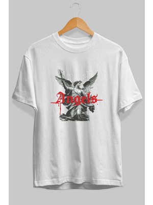 Ankhises Angels Ön Baskılı Beyaz Oversize T-Shirt Erkek Kadın Pamuk Bisiklet Yaka Tişort