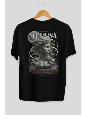 Ankhises Medusa Arka Baskılı Siyah Oversize T-Shirt Erkek Kadın Pamuk Bisiklet Yaka Tişort