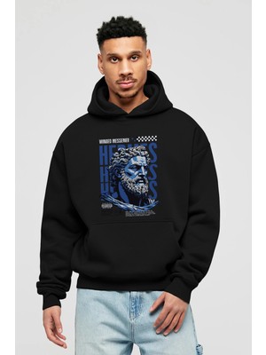 Ankhises Hermes 1 Ön Baskılı Siyah Oversize Kapüşonlu Sweatshirt Erkek Kadın