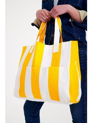 Calperia Kadın Kanvas 2 Cepli Günlük Renkli Plaj Omuz Çantası Sarı