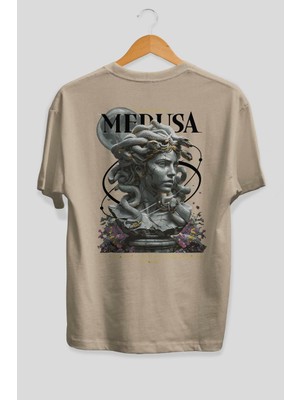 Ankhises Medusa Arka Baskılı Bej Oversize T-Shirt Erkek Kadın Pamuk Bisiklet Yaka Tişort