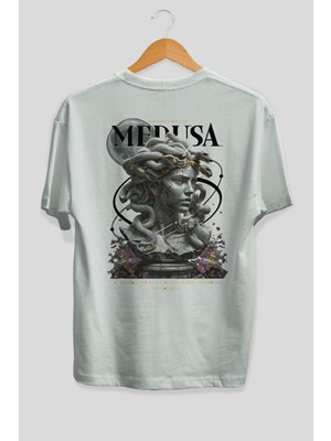 Ankhises Medusa Arka Baskılı Beyaz Oversize T-Shirt Erkek Kadın Pamuk Bisiklet Yaka Tişort