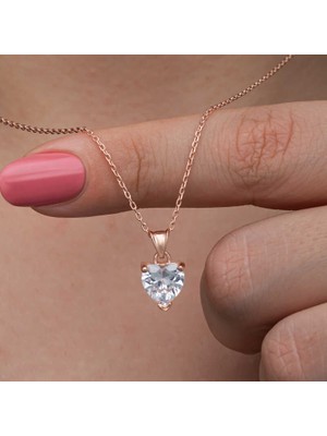 Calperia 925 Ayar Gümüş Rose Beyaz Taşlı Kalpli Kadın Kolye