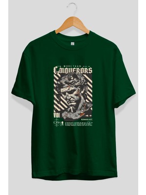 Ankhises Roman Conqueror Ön Baskılı Yeşil Oversize T-Shirt Erkek Kadın Pamuk Bisiklet Yaka Tişort