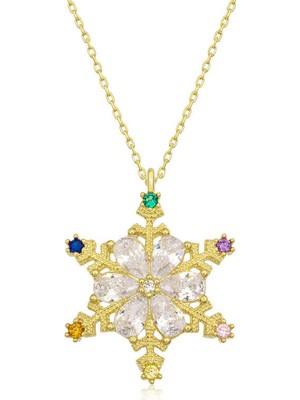 Calperia 925 Ayar Gümüş Gold Renkli Taşlı Kar Tanesi Kadın Gümüş Kolye