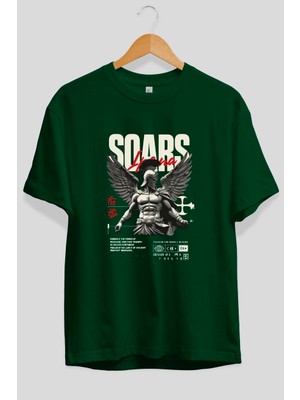 Ankhises Soars Ön Baskılı Yeşil Oversize T-Shirt Erkek Kadın Pamuk Bisiklet Yaka Tişort