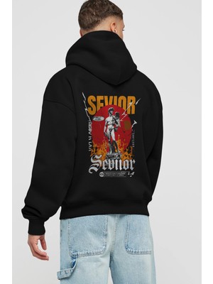 Ankhises Sevior Arka Baskılı Siyah Oversize Kapüşonlu Sweatshirt Erkek Kadın
