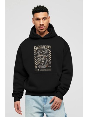 Ankhises Roman Conqueror Ön Baskılı Siyah Oversize Kapüşonlu Sweatshirt Erkek Kadın