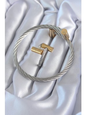 DS LLC 316L Çelik Gümüş Renk Gold Detay Sarmal Model Erkek Bileklik Yüzük Kombini DSLLC-3245YU5