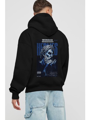 Ankhises Hermes 2 Arka Baskılı Siyah Oversize Kapüşonlu Sweatshirt Erkek Kadın