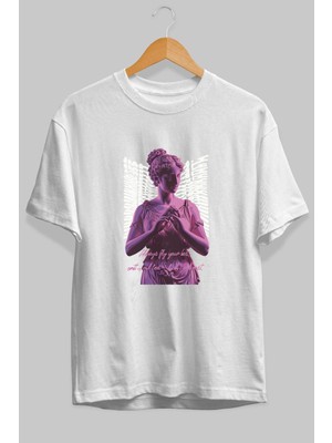 Ankhises Always Fly Ön Baskılı Beyaz Oversize T-Shirt Erkek Kadın Pamuk Bisiklet Yaka Tişort