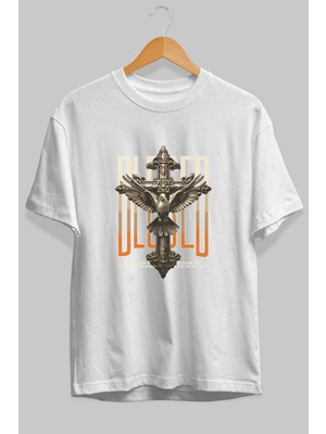 Ankhises Blesed Ön Baskılı Beyaz Oversize T-Shirt Erkek Kadın Pamuk Bisiklet Yaka Tişort