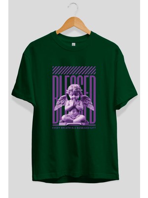 Ankhises Blessed Ön Baskılı Yeşil Oversize T-Shirt Erkek Kadın Pamuk Bisiklet Yaka Tişort