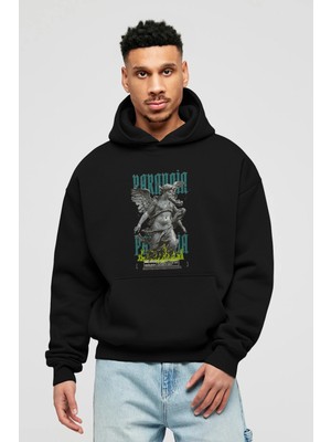 Ankhises Paranoia Ön Baskılı Siyah Oversize Kapüşonlu Sweatshirt Erkek Kadın