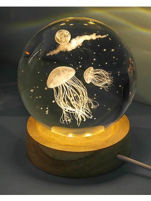 Calperia Dekoratif Deniz Anası Tasarımlı Ahşap Altlıklı Işıklı Cam Küre Büyük Boy