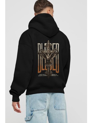 Ankhises Blesed Arka Baskılı Siyah Oversize Kapüşonlu Sweatshirt Erkek Kadın
