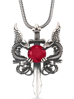 Calperia 925 Ayar Gümüş Kırmızı Taşlı Ejderha Erkek Kılıç Kolye