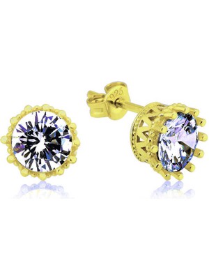 Calperia Gümüş Gold Tırnaklı Tek Taş Çivili Kadın Küpe