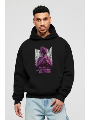 Ankhises Always Fly Ön Baskılı Siyah Oversize Kapüşonlu Sweatshirt Erkek Kadın