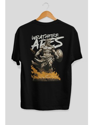 Ankhises Wrathfire Ares Arka Baskılı Siyah Oversize T-Shirt Erkek Kadın Pamuk Bisiklet Yaka Tişort