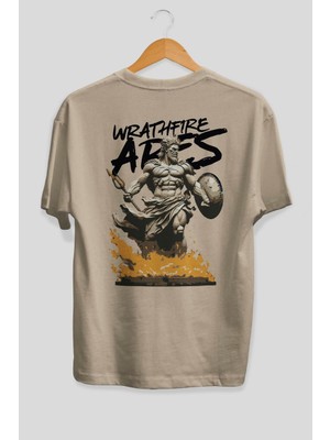 Ankhises Wrathfire Ares Arka Baskılı Bej Oversize T-Shirt Erkek Kadın Pamuk Bisiklet Yaka Tişort