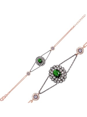 Calperia 925 Ayar Gümüş Rose Yeşil Taşlı Otantik Bileklik