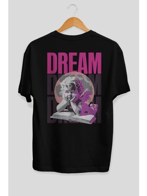 Ankhises Dream Angel Arka Baskılı Siyah Oversize T-Shirt Erkek Kadın Pamuk Bisiklet Yaka Tişort