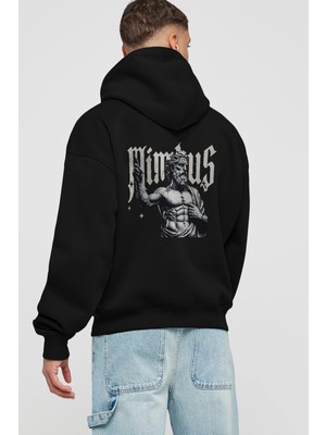 Ankhises Mimbus Zeus Arka Baskılı Siyah Oversize Kapüşonlu Sweatshirt Erkek Kadın