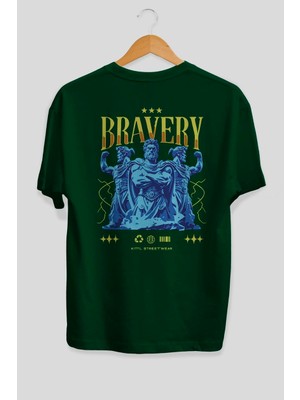 Ankhises Bravery Arka Baskılı Yeşil Oversize T-Shirt Erkek Kadın Pamuk Bisiklet Yaka Tişort
