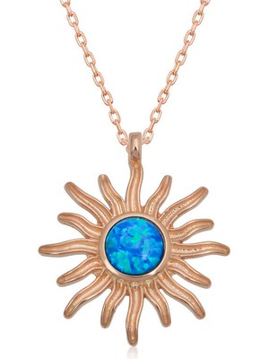 Calperia ​925 Ayar Gümüş Rose Mavi Opal Taşlı Güneş Kadın Kolye