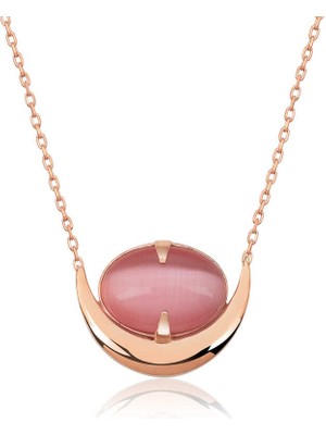 Calperia 925 Ayar Gümüş Pembe Kedi Gözü Taşlı Hilal Kolye