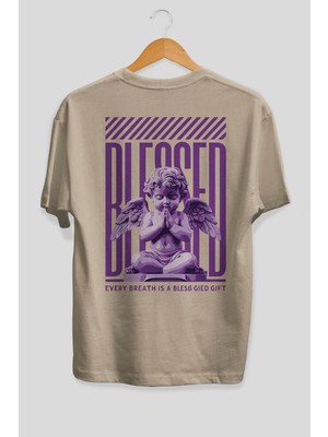 Ankhises Blessed Arka Baskılı Bej Oversize T-Shirt Erkek Kadın Pamuk Bisiklet Yaka Tişort