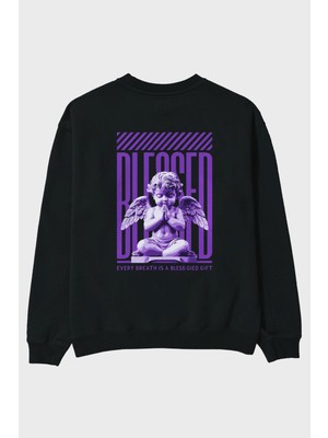 Ankhises Blessed Arka Baskılı Oversize Sweatshirt Erkek Kadın Unisex