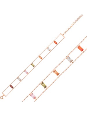 Calperia 925 Ayar Gümüş Rose Renkli Baget Taşlı Bileklik