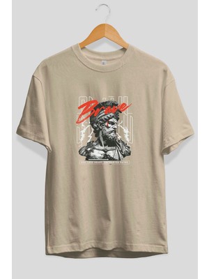 Ankhises Brave Ön Baskılı Bej Oversize T-Shirt Erkek Kadın Pamuk Bisiklet Yaka Tişort