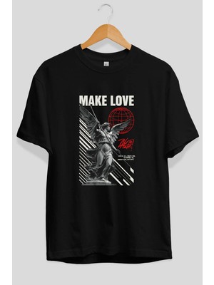 Ankhises Make Love Ön Baskılı Siyah Oversize T-Shirt Erkek Kadın Pamuk Bisiklet Yaka Tişort