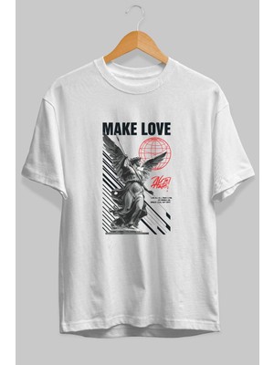 Ankhises Make Love Ön Baskılı Beyaz Oversize T-Shirt Erkek Kadın Pamuk Bisiklet Yaka Tişort