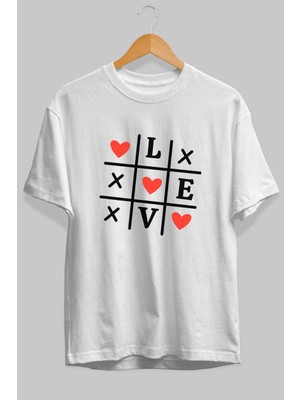 Ankhises Love Xoxo Ön Baskılı Beyaz Oversize T-Shirt Erkek Kadın Pamuk Bisiklet Yaka Tişort