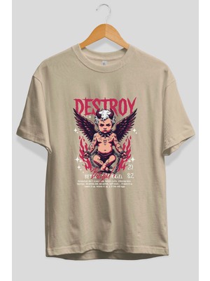 Ankhises Destroy Ön Baskılı Bej Oversize T-Shirt Erkek Kadın Pamuk Bisiklet Yaka Tişort