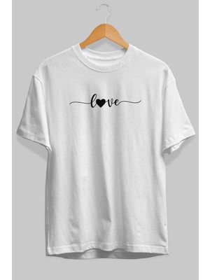 Ankhises Love (2) Ön Baskılı Beyaz Oversize T-Shirt Erkek Kadın Pamuk Bisiklet Yaka Tişort