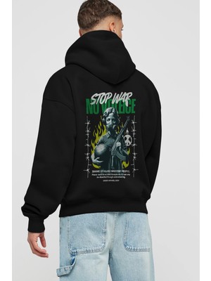 Ankhises Stop War Arka Baskılı Siyah Oversize Kapüşonlu Sweatshirt Erkek Kadın