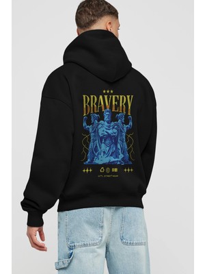Ankhises Bravery Arka Baskılı Siyah Oversize Kapüşonlu Sweatshirt Erkek Kadın