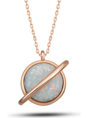 Calperia 925 Ayar Gümüş Rose Opal Taşlı Gezegen Kadın Kolye
