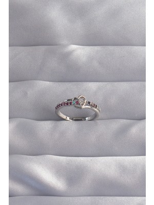 DS LLC Pirinç Gümüş Renk Renkli Zirkon Taşlı Ayarlamalı Yüzük DSLLC-3245YU5