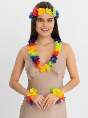 Calperia Rengarenk Hawaii Kolye Taç Bileklik Seti 4 Parça