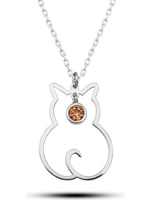 Calperia 925 Ayar Gümüş Kasım Ayı Doğum Taşı Kedi Kadın Kolye