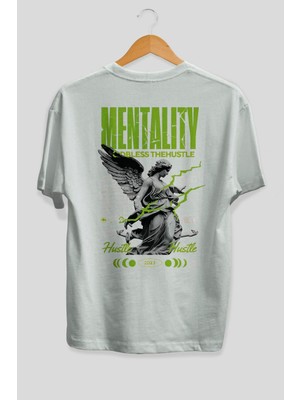 Ankhises Mentality Arka Baskılı Beyaz Oversize T-Shirt Erkek Kadın Pamuk Bisiklet Yaka Tişort