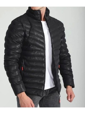 Erkek Siyah Şişme Deri Görünümlü Dik Yaka Mont