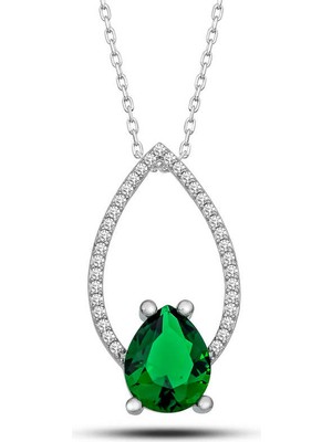 Calperia Gümüş Yeşil Taşlı Damla Kadın Kolye