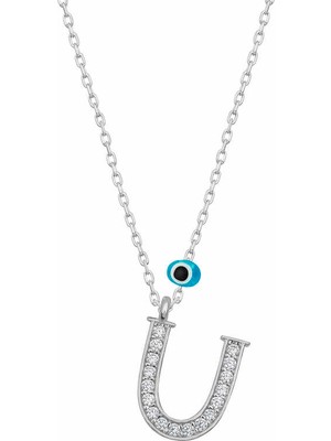 Calperia 925 Ayar Gümüş Nazar Rodyum U Harfi Kadın Gümüş Kolye